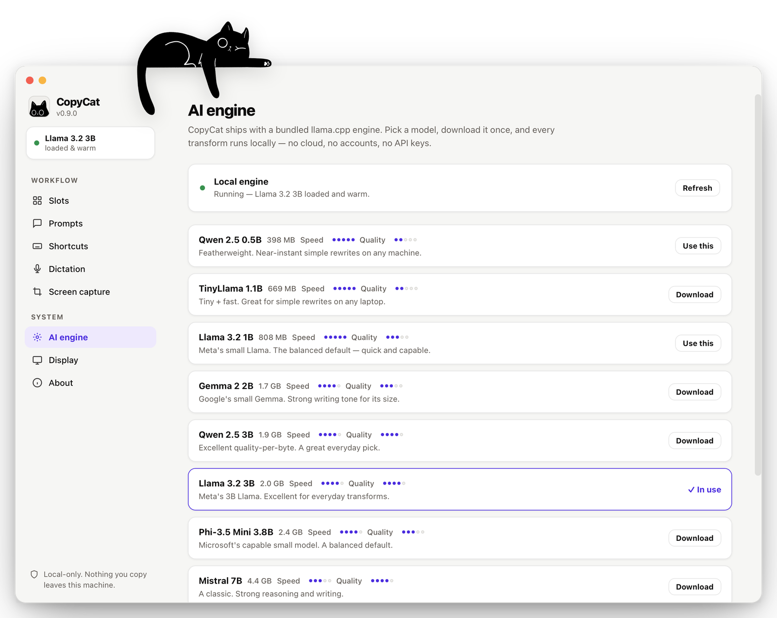 The AI Engine screen listing local models with size, speed and quality ratings