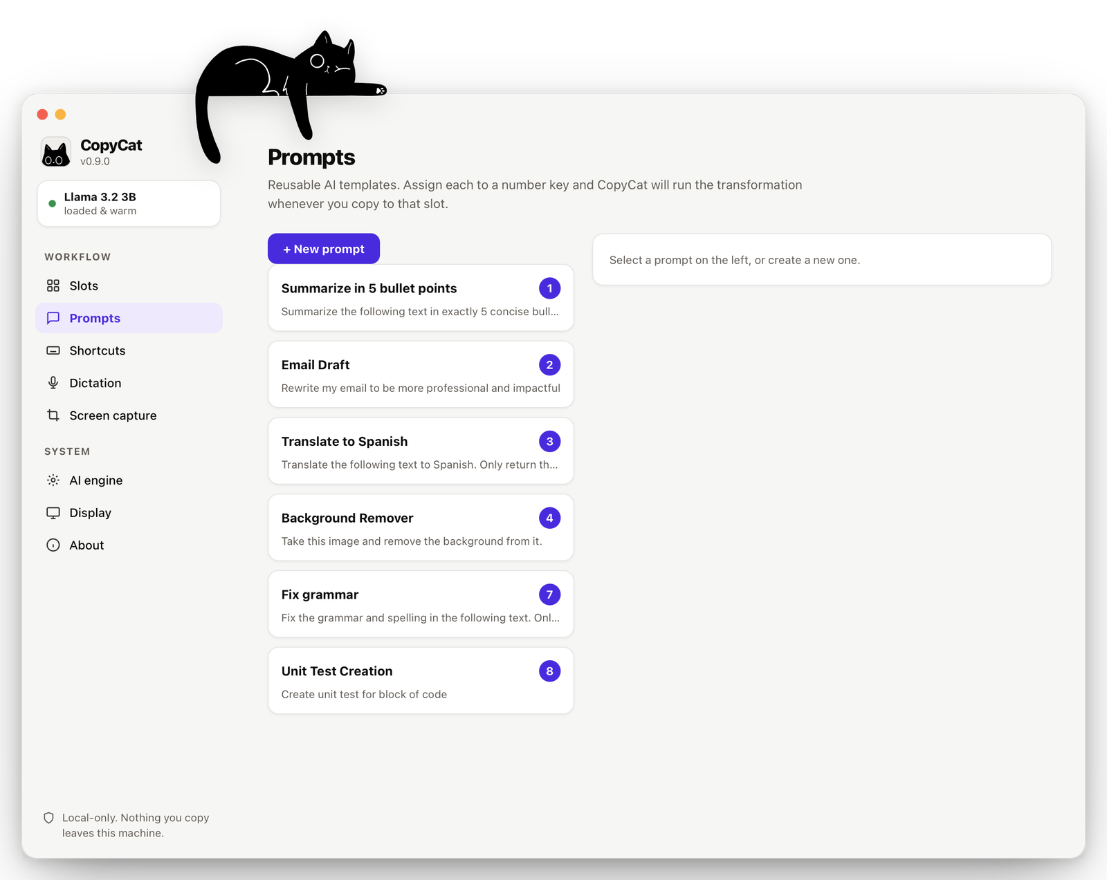 The Prompts screen, where each AI prompt is written and assigned to a slot