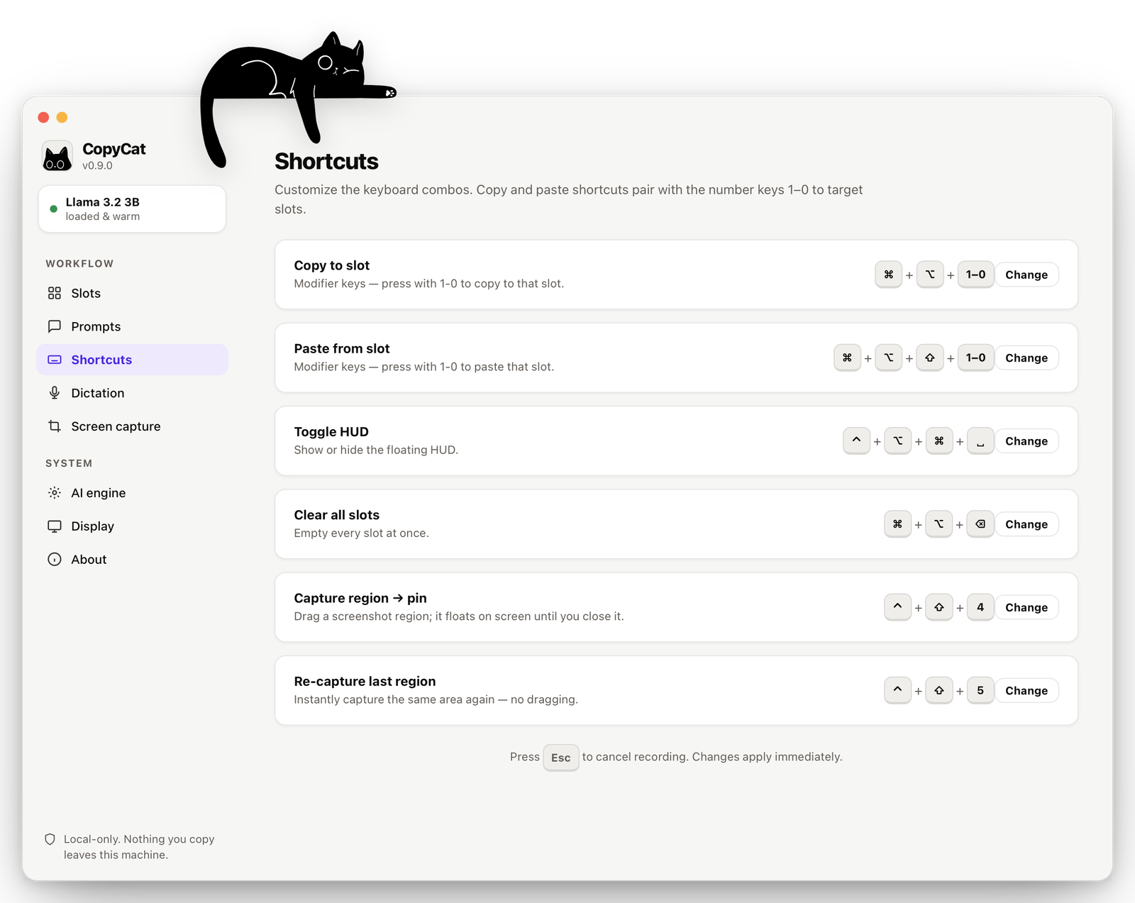 The Shortcuts screen with editable key combinations for every action