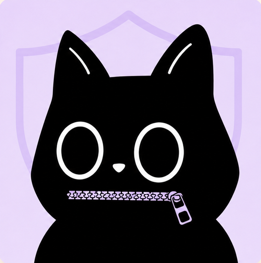 The CopyCat mascot with a zipped mouth, in front of a shield — nothing you copy gets shared